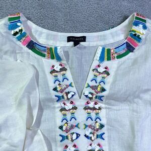 Talbots Womens White Linen Embroidered Fish V Neck Tunic Top Size L